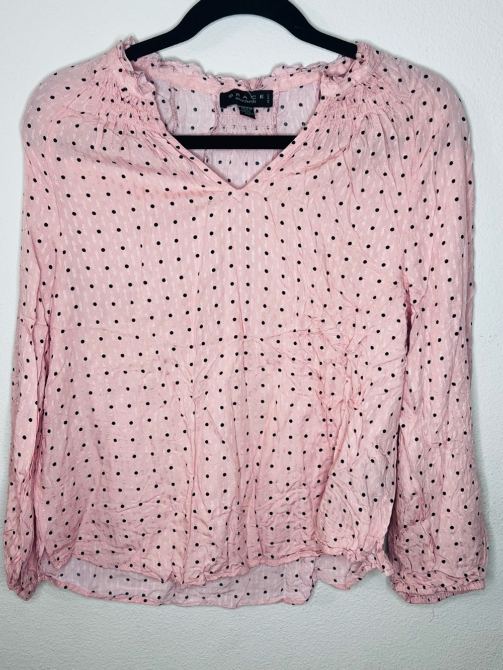 Grace Light Pink Polka Dot V-Neck Blouse